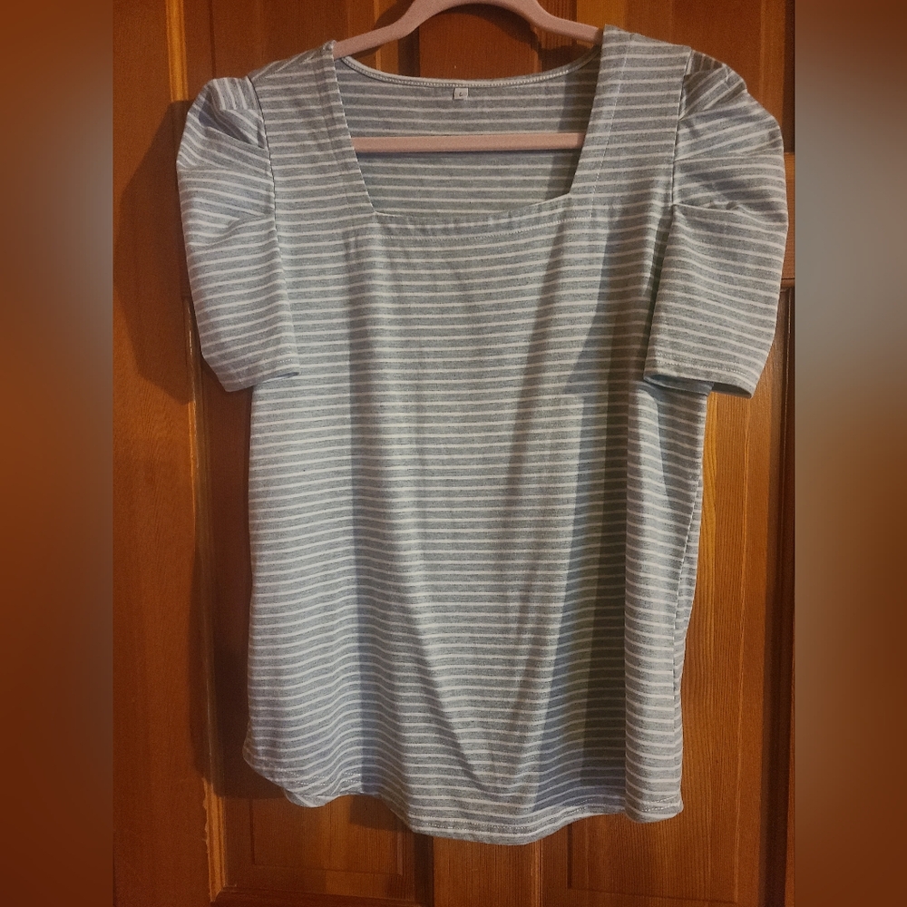 Striped Gray Women's Top Puffed Sleeves Boat Neck